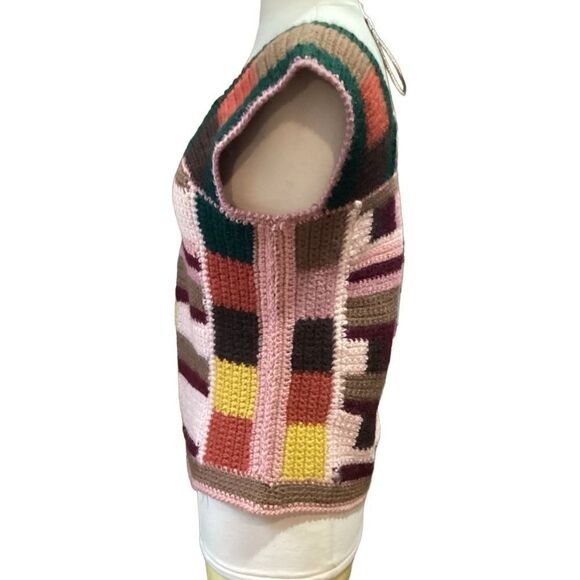 Handmade Knit Crochet Sleeveless Sweater Small Colorblock - Picture 6 of 7